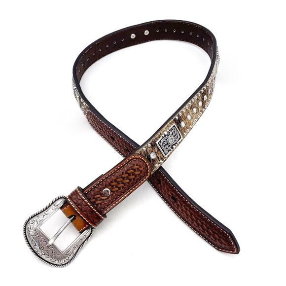 Nocona Brown Tooled Leather Belt Hair-On Cowhide Rhinestone Boho Western Size 28 main image 8